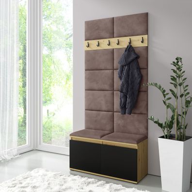 1 Meter breite Garderobe 01 mit gepolsterter Sitzbank | Artisan/Schwarz/Cacao |