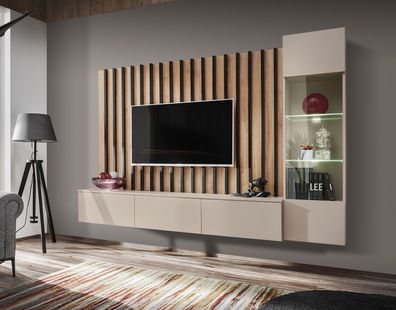 Wohnwand | Farbe: Kaschmir | Push-to-open Funktion | Maße: 220 x 35 x 148 cm |