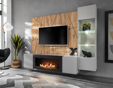 Wohnwand | inkl. LED-Beleuchtung | Farbe: Perla Grau / Eiche Artisan | Bio-Ethan