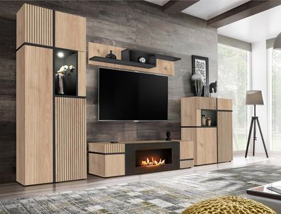 Wohnwand | Push-to-open Funktion | Farbe: Eiche Hickory Jackson / Schwarz | Bio