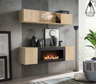 Wohnwand | Farbe: Eiche Hickory Jackson | Maße: 160 x 40 x 150 cm | 1 Hängevitri