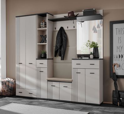 Garderobe | Spiegel | Farbe: Kaschmir / Schwarz | 4 Haken | gepolstertes Paneel