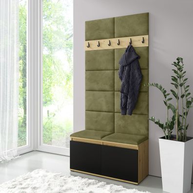 Platzsparende Garderobe 01 mit Sitzbank/Wand gepolstert, Artisan/Schwarz/Olive,