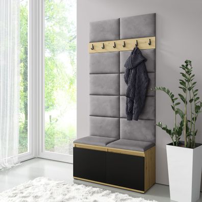 Schmale Garderobe 01 mit Sitzbank gepolstert, Farbe: Artisan/Schwarz/Ash, 215 x