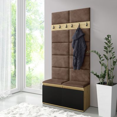 Kleine Garderobe 01 Sitzbank/Schuhschrank gepolstert | Farbe Artisan/Schwarz/Bro