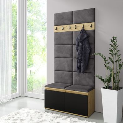 Schmale Garderobe 01 mit Sitzbank gepolstert, Farbe: Artisan/Schwarz/Elephant, 2