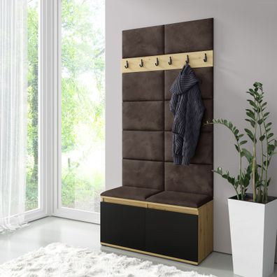 Garderobe 01 mit gepolsterter Sitzbank und Wand | Artisan/Schwarz/Dark Brown | 2