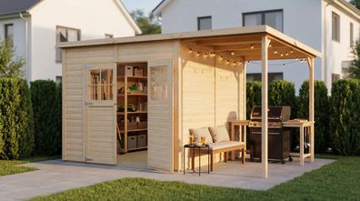 19 mm Elementgartenhaus | 3,84 x 2,39 Meter | Gartenhaus inkl. Anbaudach | Natur