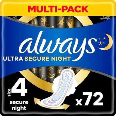 Always Ultra Binden Damen Gr. 4, Secure Night, 72 Damenbinden mit Flügeln 6 x 12