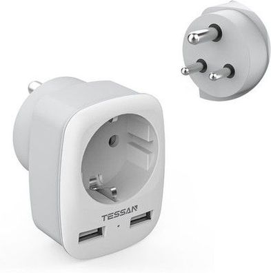 TESSAN 3 in 1 Reiseadapter für Indien mit 2 USB, Adapter Indien Steckdose