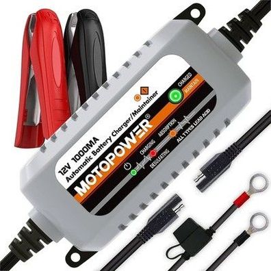 Motopower MP00205B 12V 1000mA Automatisches Ladegerät für Auto, Motorrad