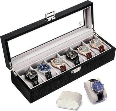 Slege Uhrenbox aus Holz mit 6 Fächern Uhrenkissen mit Samt Uhrenhalter schwarz