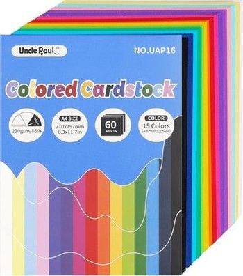60 Blatt farbiger Karton – A4 210 x 297 mm / 15 Farben 230 g/m² Papier bunt