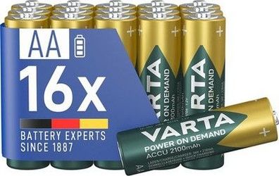 VARTA Batterien AA, wiederaufladbar, 16 Stück, Akku, Power on Demand, 2100 mAh