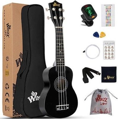 Winzz Sopran Ukulele Starter Kit für Anfänger mit Tasche, Clip-On Tuner, schwarz
