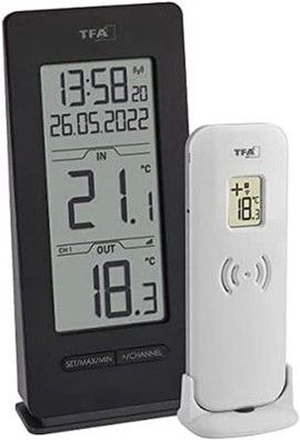 TFA Dostmann Funk Thermometer Innen/Außen, 30.3072.01.90, inkl. Funkuhr, schwarz