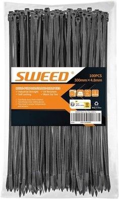 SWEED Kabelbinder schwarz 300mm, 100 Stück Kabelbinder UV Beständig, 4.8mm