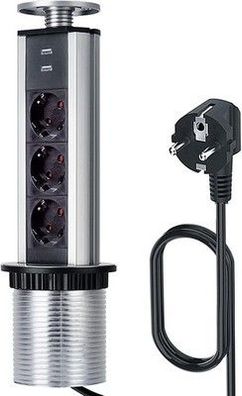 3 Fach Versenkbare Steckdose Küche, Tischsteckdose mit 2 USB, Ø80m, 1.8 Meter