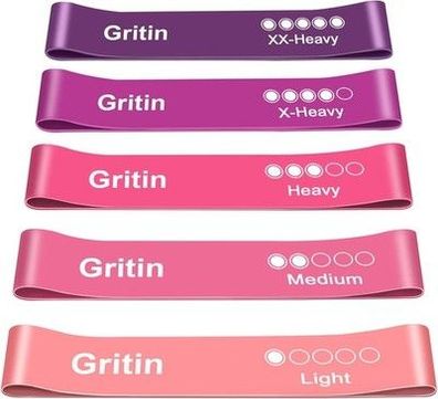 Gritin Fitnessbänder [5er Set] Widerstandsbänder mit 5 Stufen, 100% Latex, Yoga