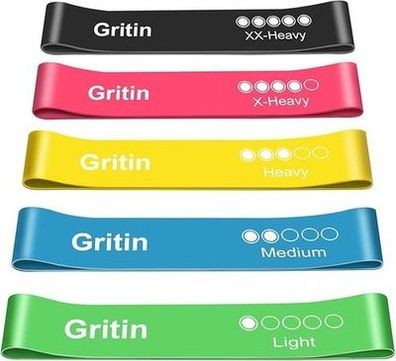 Gritin Fitnessbänder [5er Set] Widerstandsbänder mit 5 Stufen, 100% Latex, Yoga