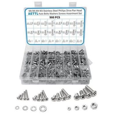 AETTL 900 Stück M6 M5 M4 M3 Edelstahl Schrauben Set Sortiment, Metrisch Kreuz
