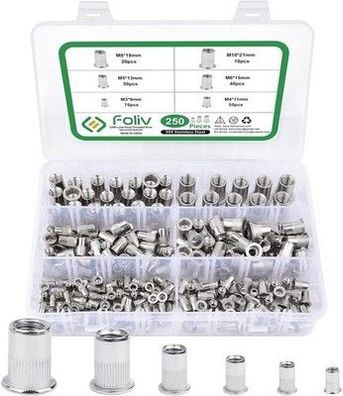 Foliv 250 Stück Nietmuttern Sortiment Set, M3 M4 M5 M6 M8 M10 Nietmuttern A2-70