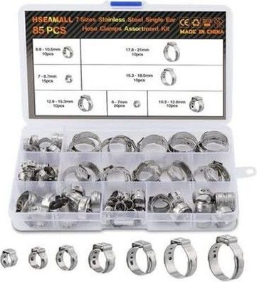 85 STÜCKE 7-21mm Einzelohr-Schlauchschellen Einstellbare Edelstahl Rohrschellen