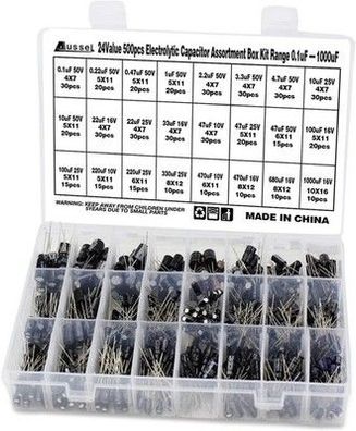 Aussel 24 Wert 500 Stück Elektrolytkondensator Sortimentsbox Kit 0.1uF-1000uF