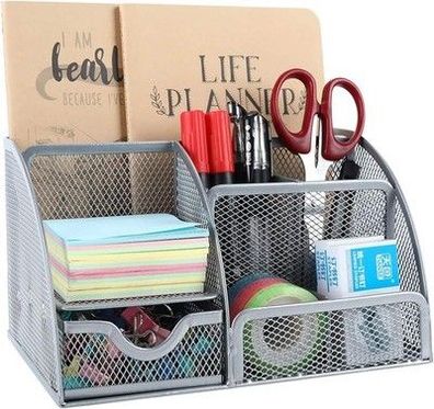 EasyPAG 7 Fächer Metall Schreibtisch Organizer Stiftehalter Stiftköcher Silber