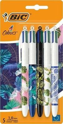 BIC 4 Farben Kugelschreiber Set 4 Colours Dekor Botanik, 5er Set Stifte, Büro
