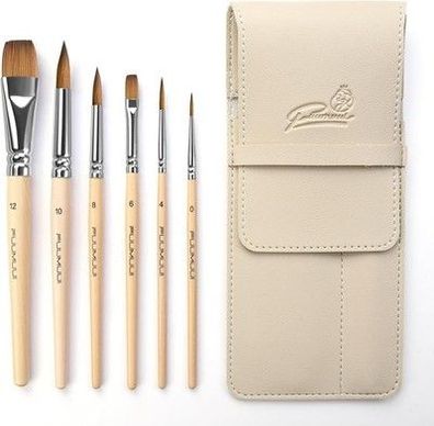 Aquarell-Pinsel Set - 6er Professionell Rotmarder Reisepinsel mit Ledertasche