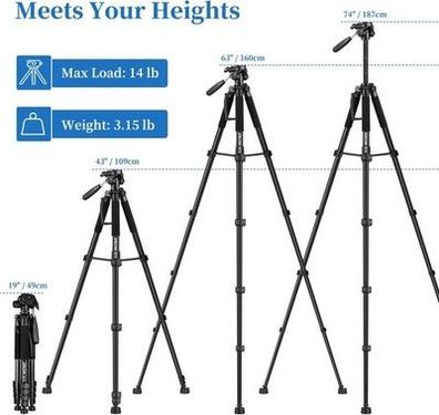 Joilcan Kamera Stativ, 187cm Aluminium Dreibein-Stativ für Canon Nikon DSLR