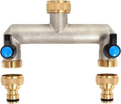 2-Wege Wasserhahn Wasser-Verteiler aus Messing für 2 Geräte/Gartenschläuche