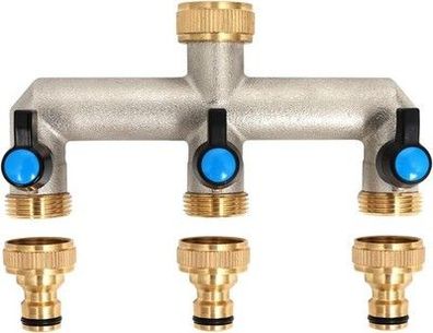 3-Wege Wasserhahn Wasserverteiler aus Messing für 3 Geräte/Gartenschläuche