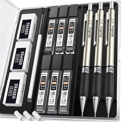 Nicpro 3 Stück Metall Druckbleistift Set, Kunst Bleistifte 0.7 mm mit 6 Dosen HB