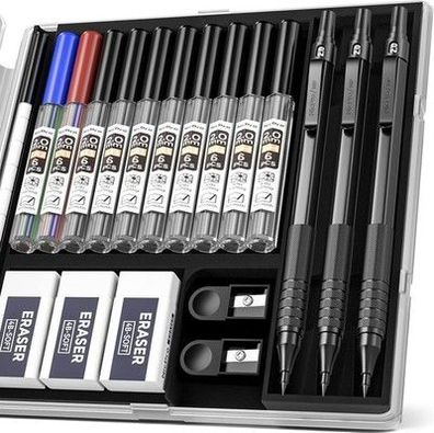 Nicpro 2mm Druckbleistifte Set mit Etui, 3 Stücke Schwarz Fallminenstift Metall