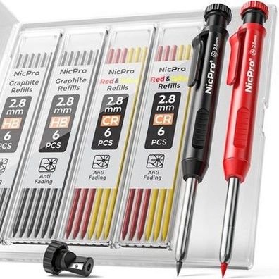 Nicpro Tieflochmarker Bleistift Set, 2 Solide Zimmermanns-Bleistifte + 26 Minen