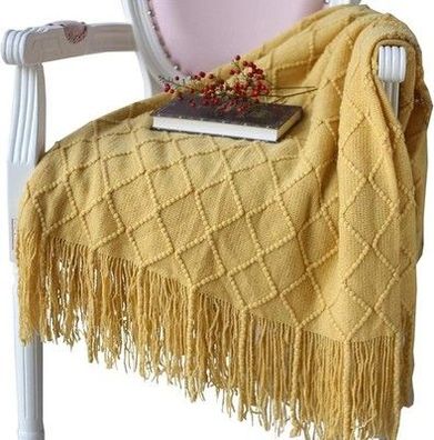 Hayisugal Wohndecke Gelb Strick Wolldecke Kuscheldecke Sofadecke 125 x 210cm