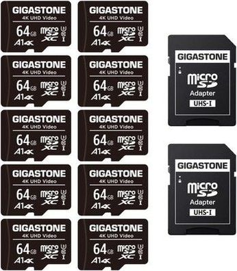 Gigastone 64GB MicroSDHC Speicherkarte 10er-Pack + SD Adapter, bis zu 90MB/s