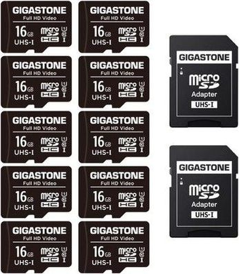 Gigastone 16GB MicroSDHC Speicherkarte 10er-Pack + SD Adapter, bis 85MB/s, U1