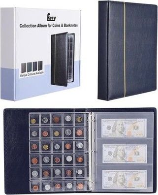 Fippy 150 Taschen Münzalbum, Münzen und Scheine Aufbewahrung Leder Münzen (Blau)