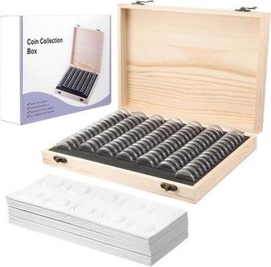 Fippy Münzen Aufbewahrung Box Holz Münzhalter Kapseln, mit 100 Stück Münzkapseln