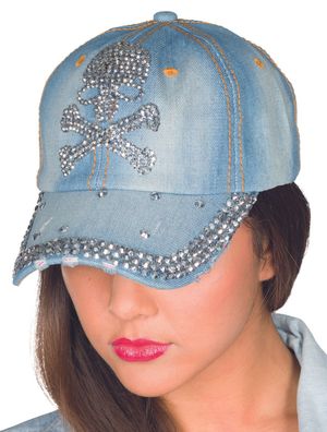 PxP 436016x - Jeanskäppi mit Strass, Cap Kappe Schirmkappe, Totenkopf Strass
