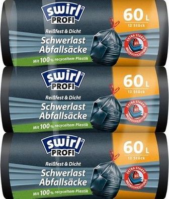 Swirl Schwerlast-Müllsäcke 60 Liter (3 x 12 Beutel) Mülltüten, Müllsack