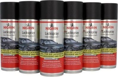 NIGRIN Lackspray, 6 x 400 ml, mattschwarzer Autolack, schützt Felgen, Auto KfZ