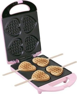 Bestron Waffeleisen für Herzwaffeln am Stiel, Waffelmaker, Rosa, 780 Watt, Retro
