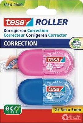 Tesa Mini Korrekturroller ecoLogo - für Papier, 6 m x 5 mm - Blau/Pink, 2er Pack