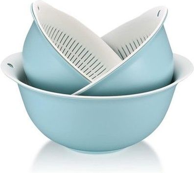 2-in-1 Multifunktion Küchensieb Set 3 Stk Doppelte Schichte Seiher Schüssel Blau