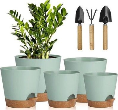 5x Blumentopf-Set mit Bewässerungssystem, 17.8/16.5/15.2/13.9/12.7cm + Werkzeug