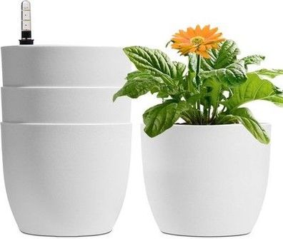 T4U 4x Selbstwässernder Blumentopf mit Wasseranzeiger, 15cm Weiß Blumen-Topf Set